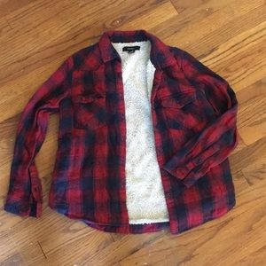 Forever 21 Red Paid Faux Fur Lined Button Up